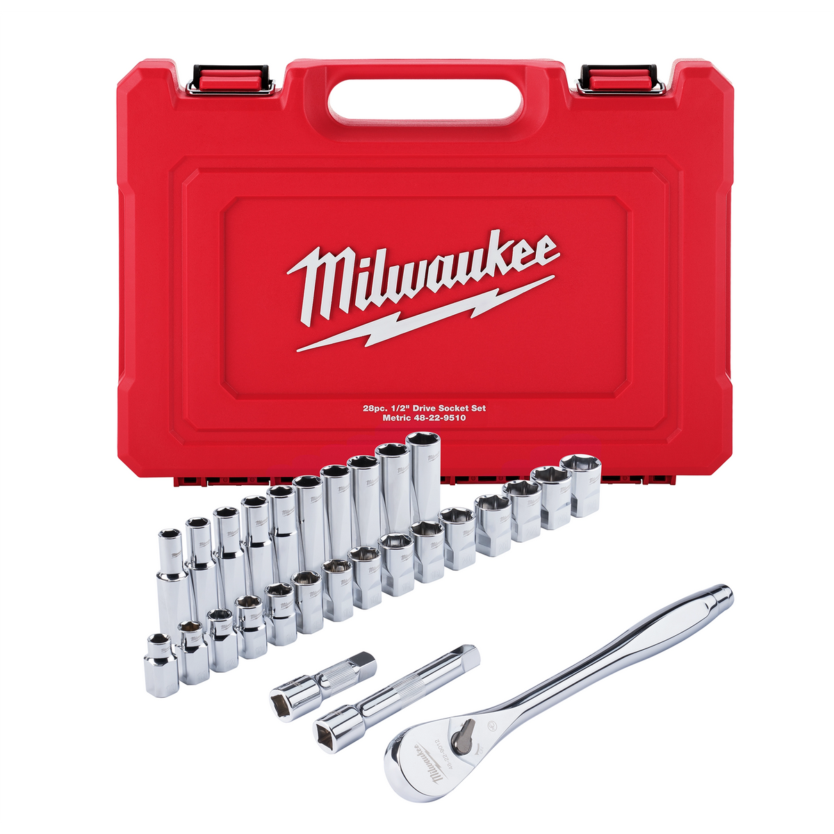 Milwaukee 48-22-9510 28 pc 1/2" Drive Metric Ratchet and Socket Set with FOUR FLAT Sides