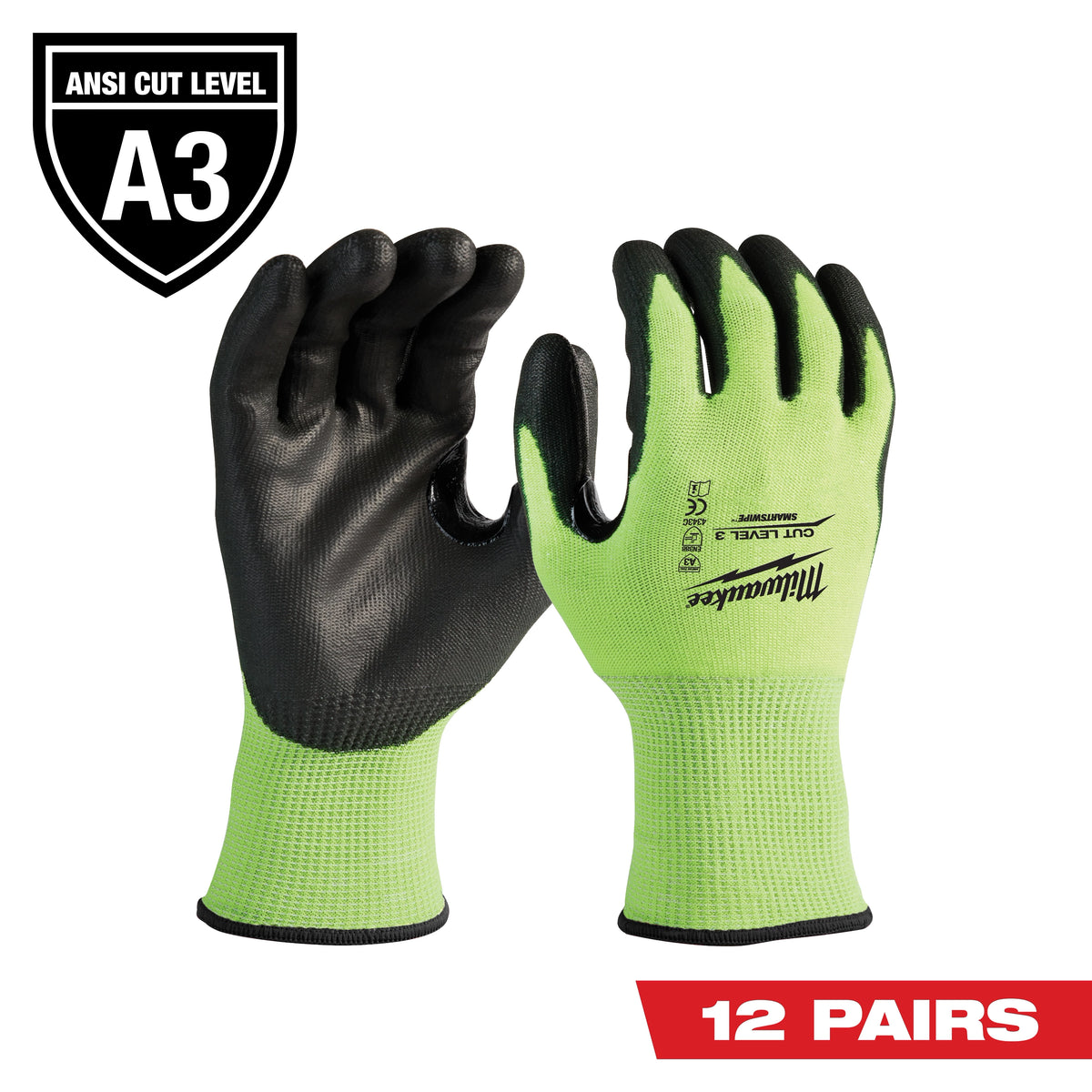 Milwaukee 48-73-8932B 12PK High Visibility Cut Level 3 Polyurethane Dipped Gloves - L