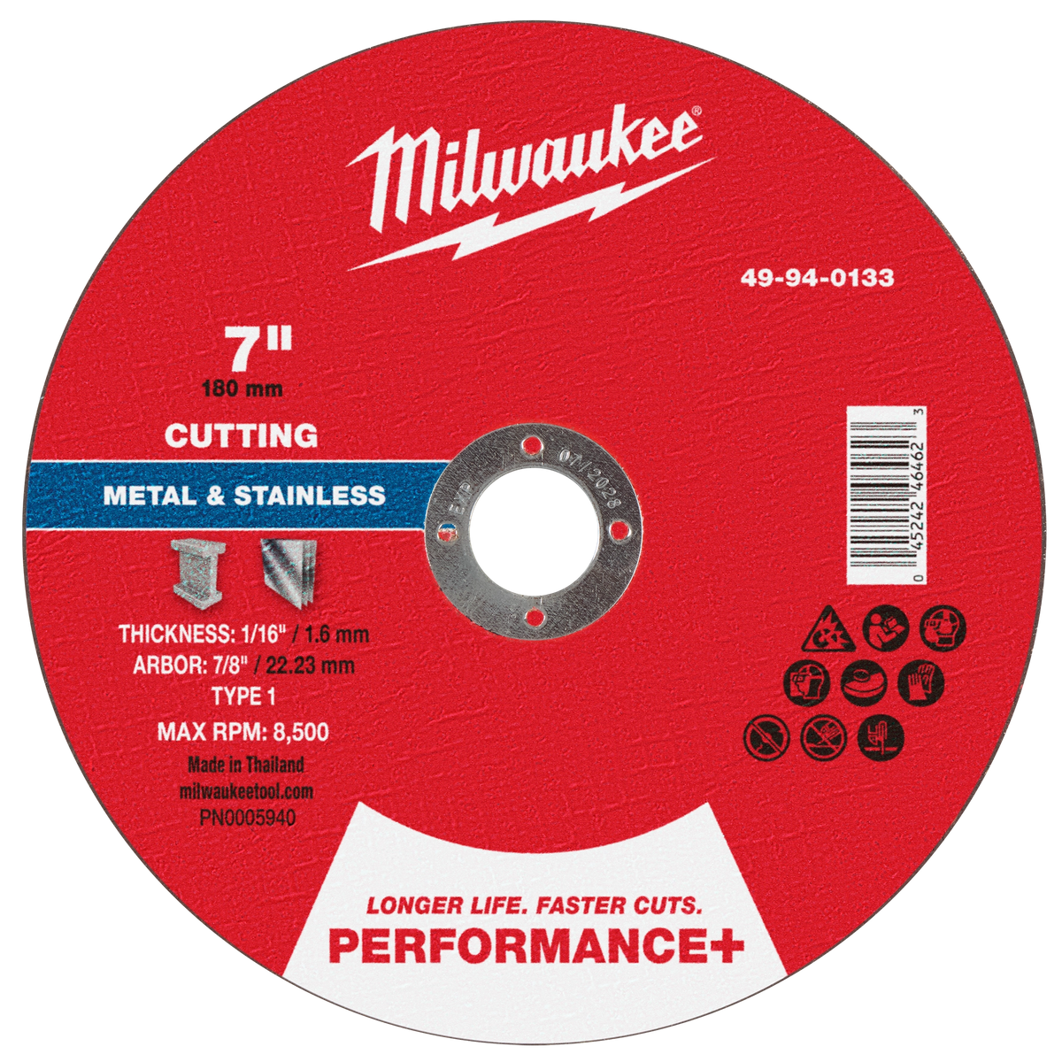 Milwaukee 49-94-0133 7" x 1/16" x 7/8" Performance+ Metal Cut Off Wheel - Type 1 (Pack of 25)