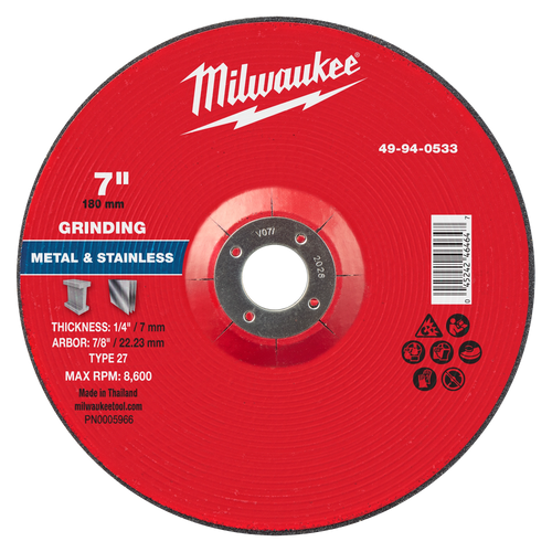 Milwaukee 49-94-0533 7" x 1/4" x 7/8" Metal Grinding Wheel - Type 27 (Pack of 10)