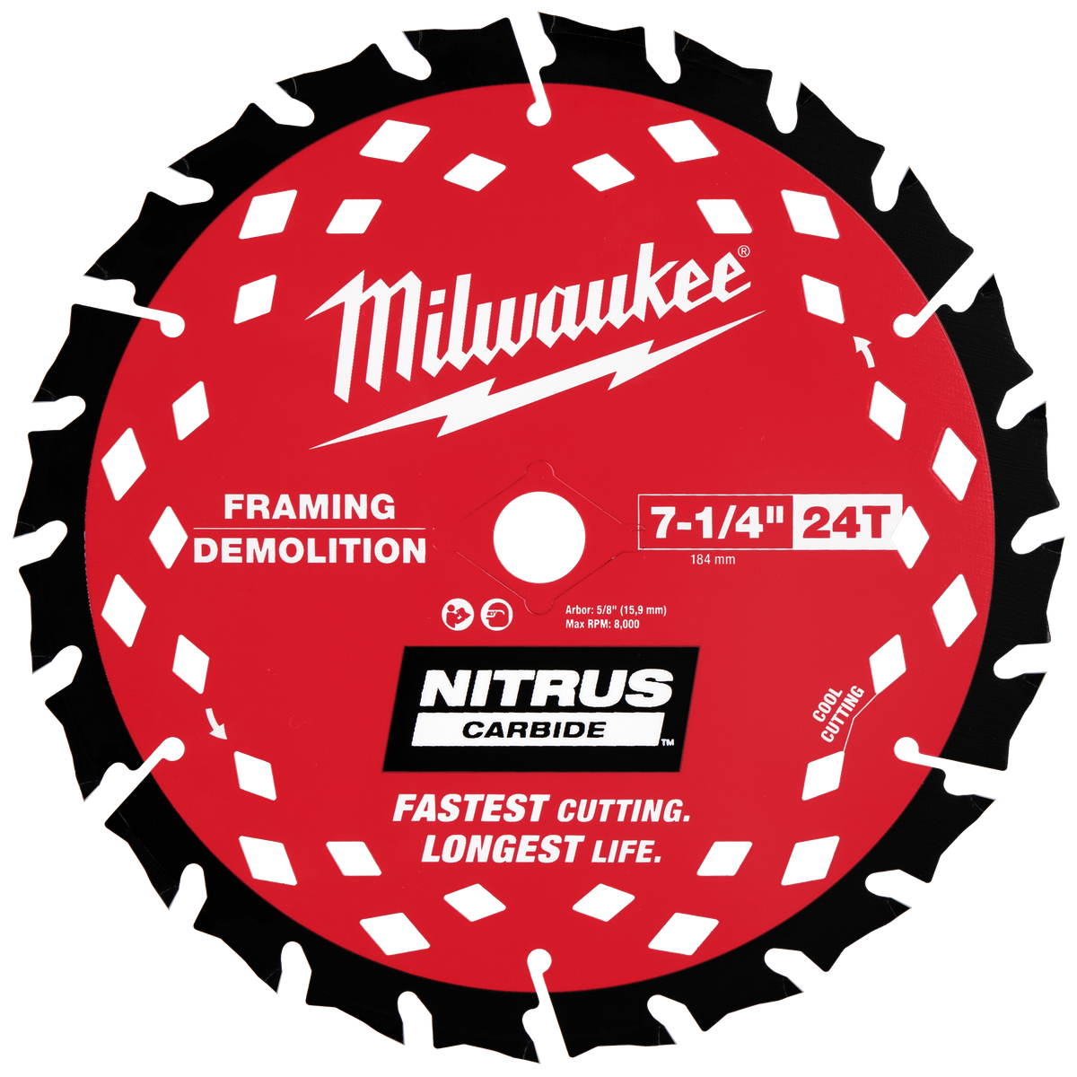Milwaukee 48-40-0750 7-1/4” 24T NITRUS Carbide Framing & Demolition Circular Saw Blade