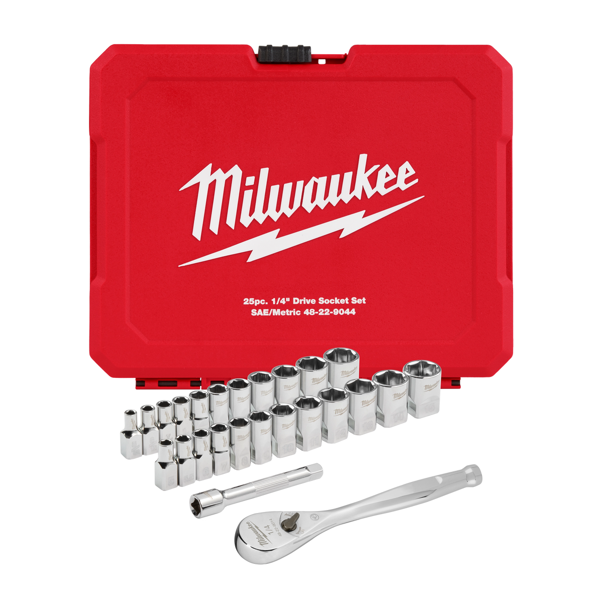 Milwaukee 48-22-9044 25pc 1/4" Drive Metric & SAE Ratchet and Socket Set with FOUR FLAT SIDES
