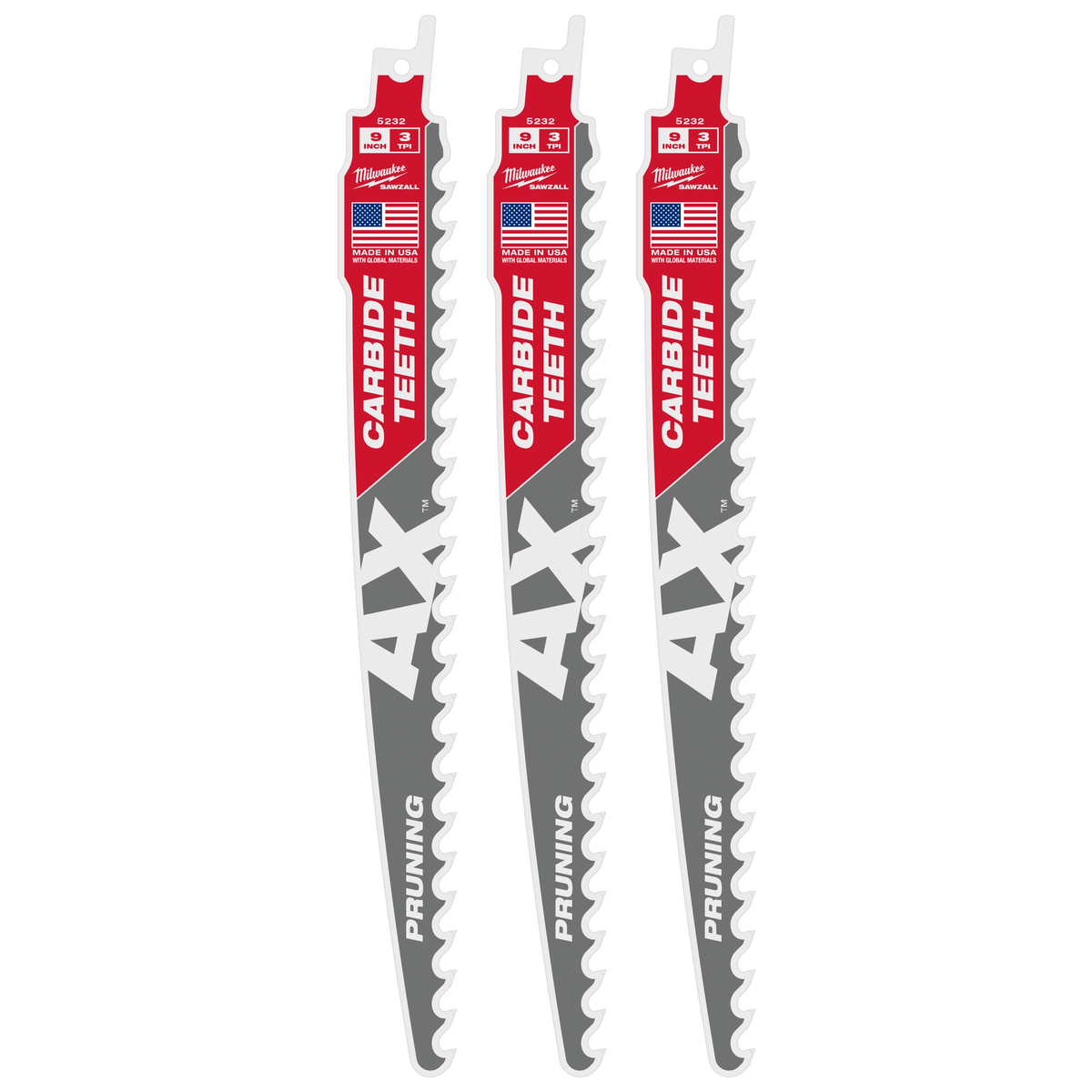 Milwaukee 48-00-5232 9" 3 TPI AX with Carbide Teeth SAWZALL Blade for Pruning (Pack of 5)