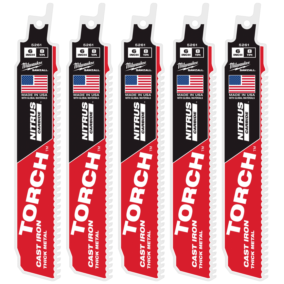 Milwaukee 48-00-5561 6" 8 TPI TORCH with NITRUS Carbide SAWZALL Blade for Cast Iron (5 PK)