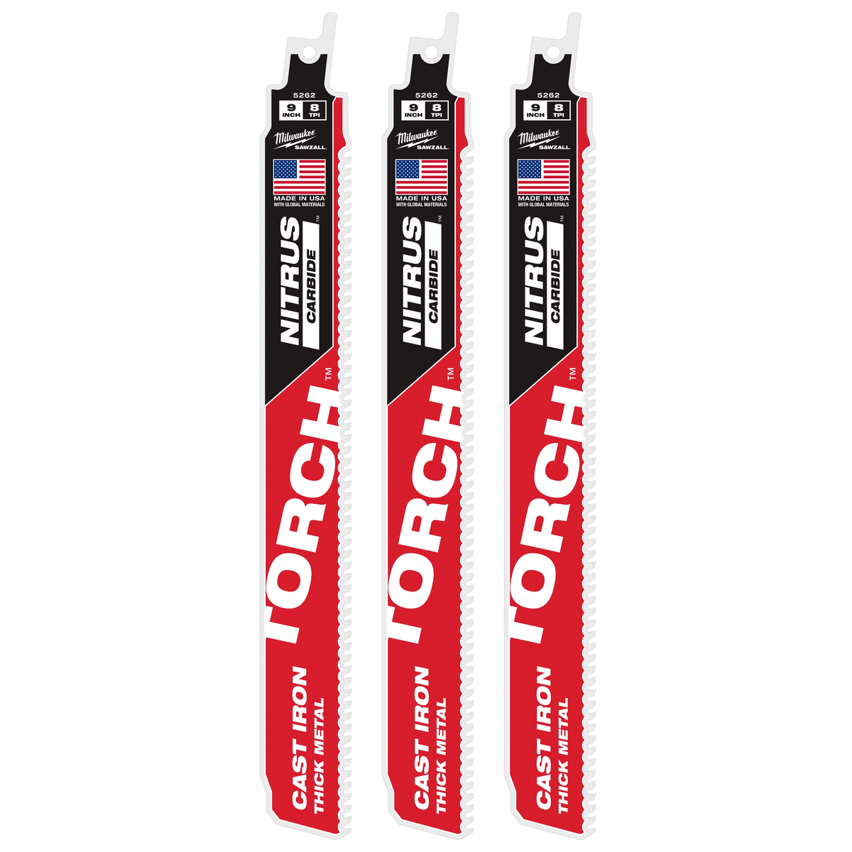 Milwaukee 48-00-5362 9" 8 TPI TORCH with NITRUS Carbide SAWZALL Blade for Cast Iron (3 PK)