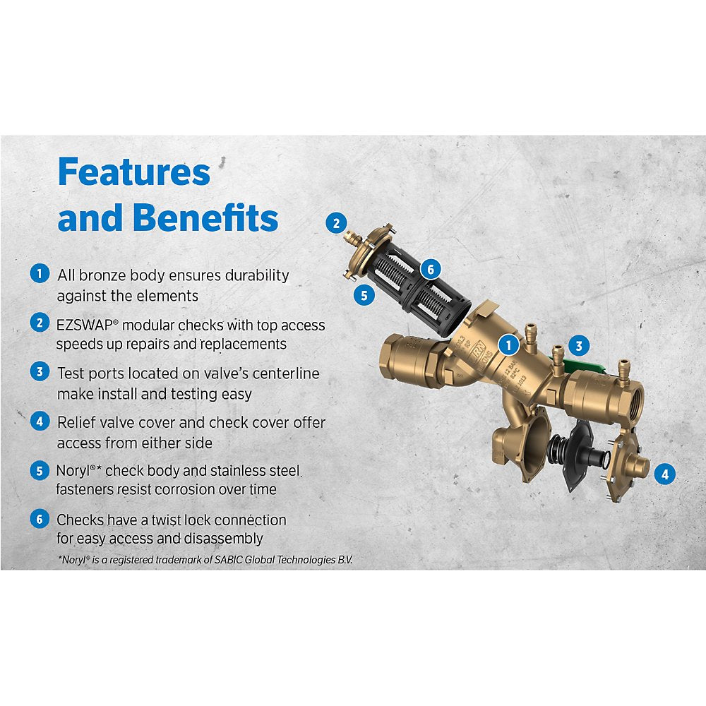 Zurn 12-975XL3S 1/2" Lead-Free Backflow Preventer - Bronze Reduced Pressure Principle Assembly with EZ Swap Modular Check Valves