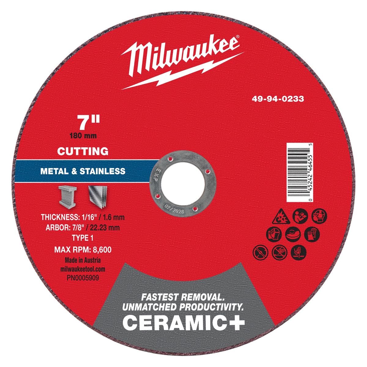 Milwaukee 49-94-0233 7" x 1/16" x 7/8" Ceramic+ Metal Cut Off Wheel -Type 1 (Pack of 25)