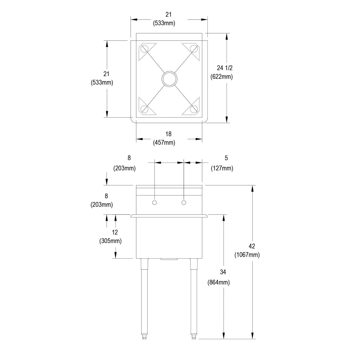 Elkay Dependabilt Stainless Steel 21" x 24-1/2" x 42" 18 Gauge One Compartment Budget Sink with Stainless Steel Legs B1C18X21X
