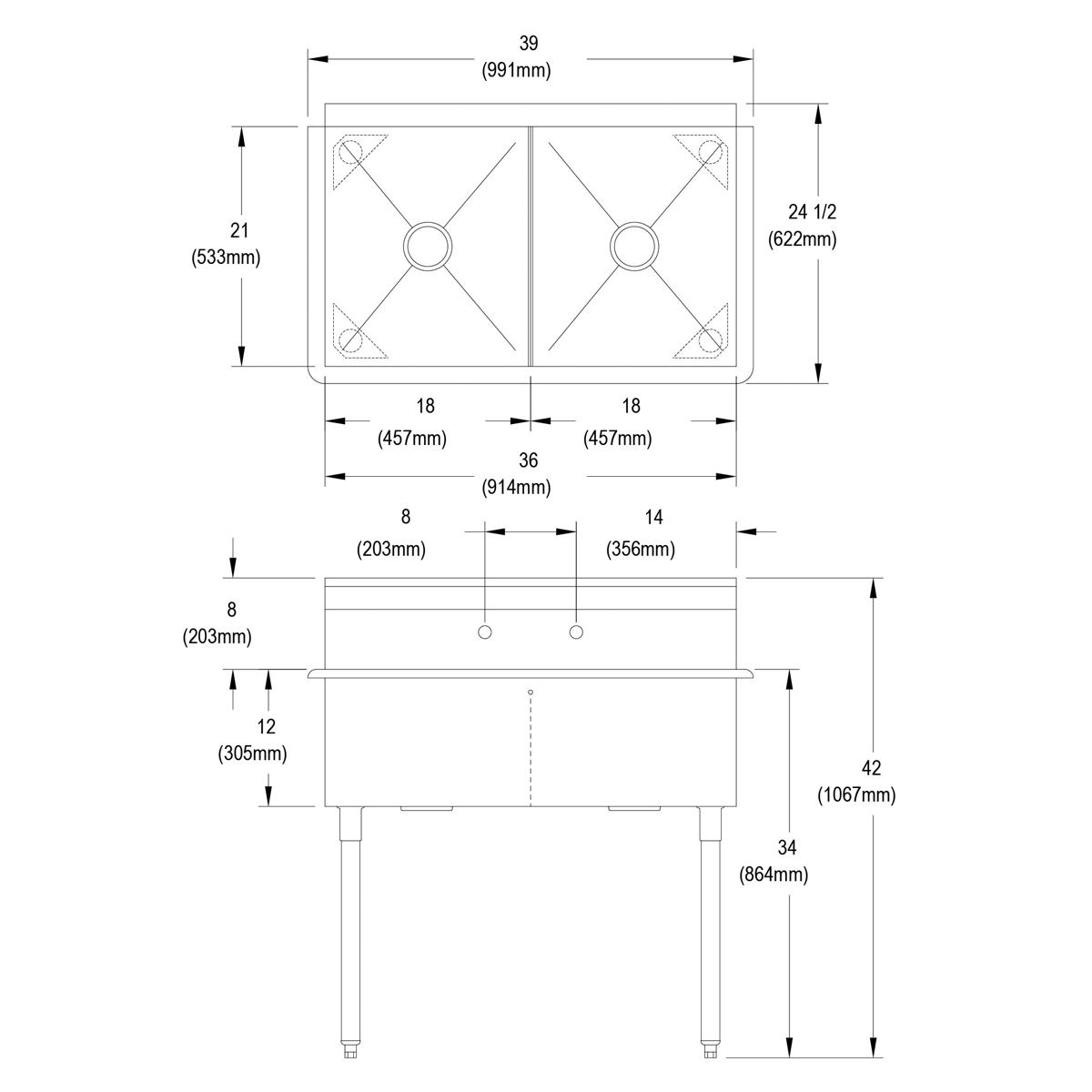 Elkay Dependabilt Stainless Steel 39" x 24-1/2" x 42" 18 Gauge Two Compartment Budget Sink with Stainless Steel Legs B2C18X21X
