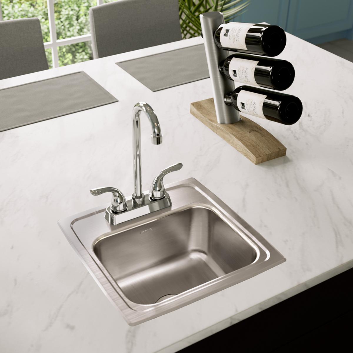 Elkay Lustertone Classic Stainless Steel 15" x 15" x 7-1/8", 2-Hole Single Bowl Drop-in Bar Sink with 2" Drain BLR152