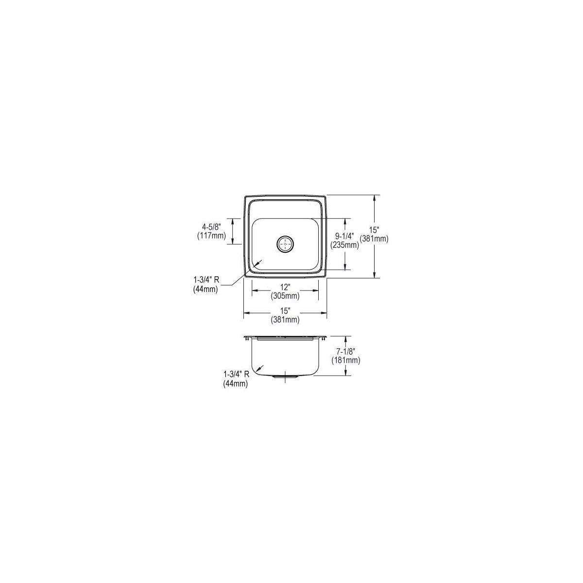 Elkay Lustertone Classic Stainless Steel 15" x 15" x 7-1/8", 3-Hole Single Bowl Drop-in Bar Sink with 2" Drain BLR153