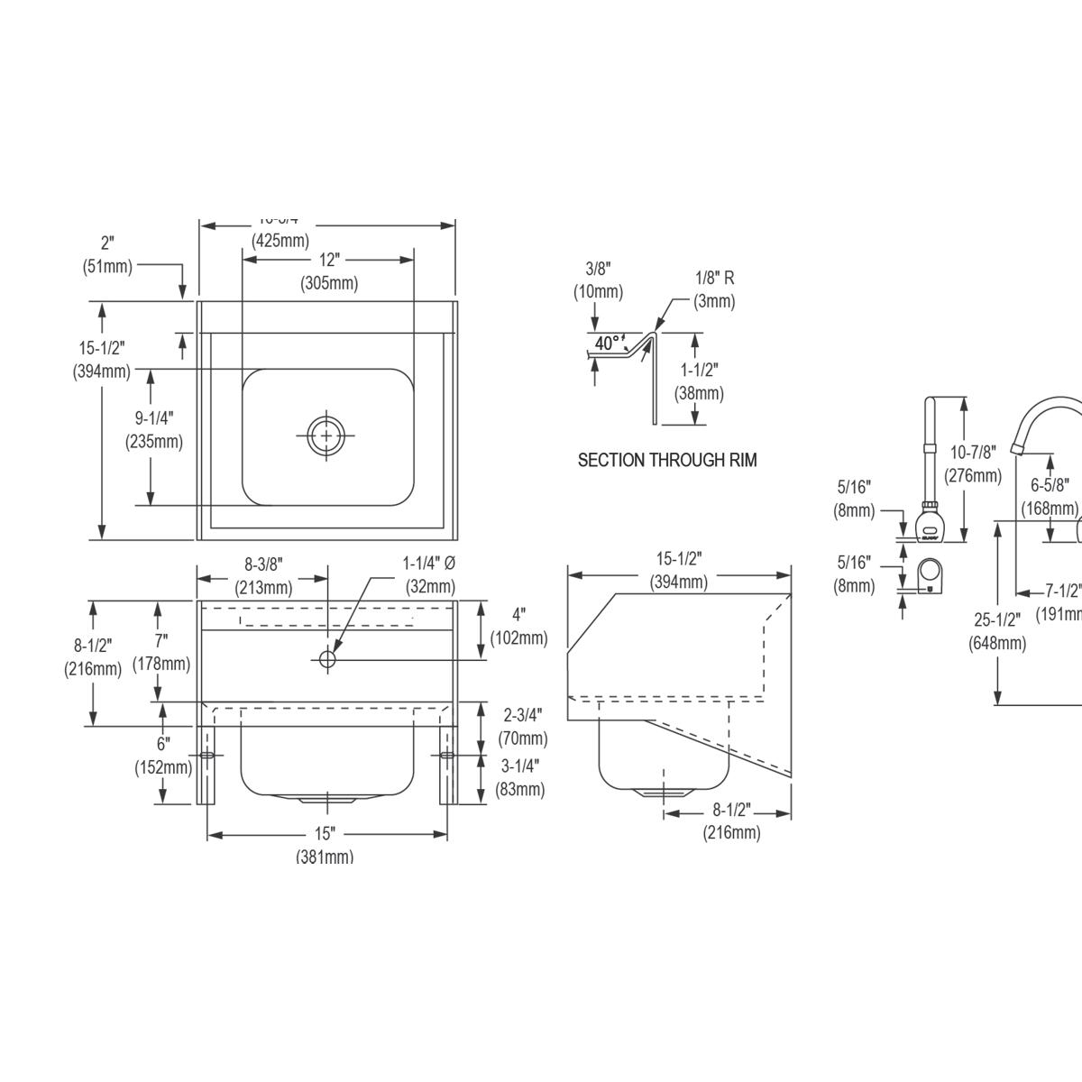 Elkay Stainless Steel 16-3/4" x 15-1/2" x 13", Single Bowl Wall Hung Handwash Sink Kit CHS1716LRSSACTMC
