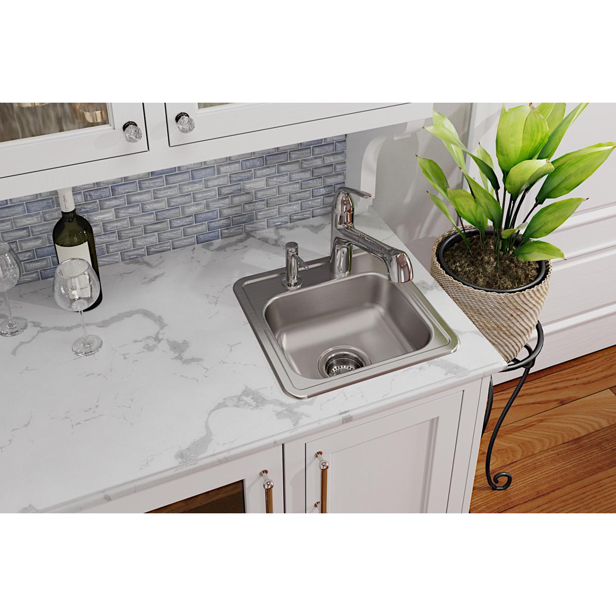 Elkay Dayton Stainless Steel 15" x 15" x 5-3/16", 2-Hole Single Bowl Drop-in Bar Sink with 3-1/2" Drain Opening D115162
