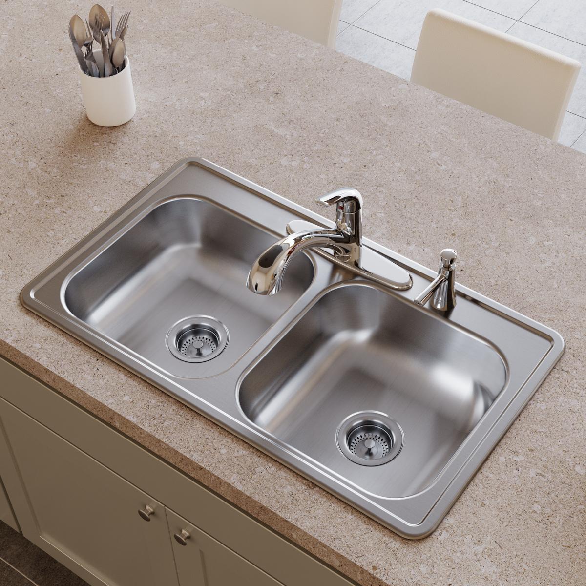 Elkay Dayton Stainless Steel 33" x 19" x 6-7/16", 4-Hole Equal Double Bowl Drop-in Sink D233194