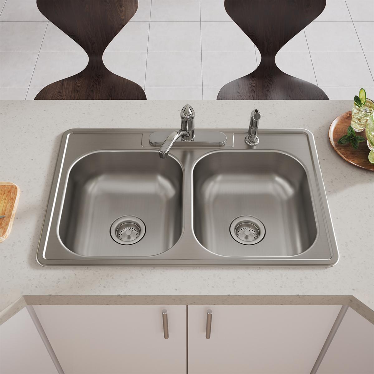 Elkay Dayton Stainless Steel 33" x 21-1/4" x 6-9/16", 4-Hole Equal Double Bowl Drop-in Sink D233214