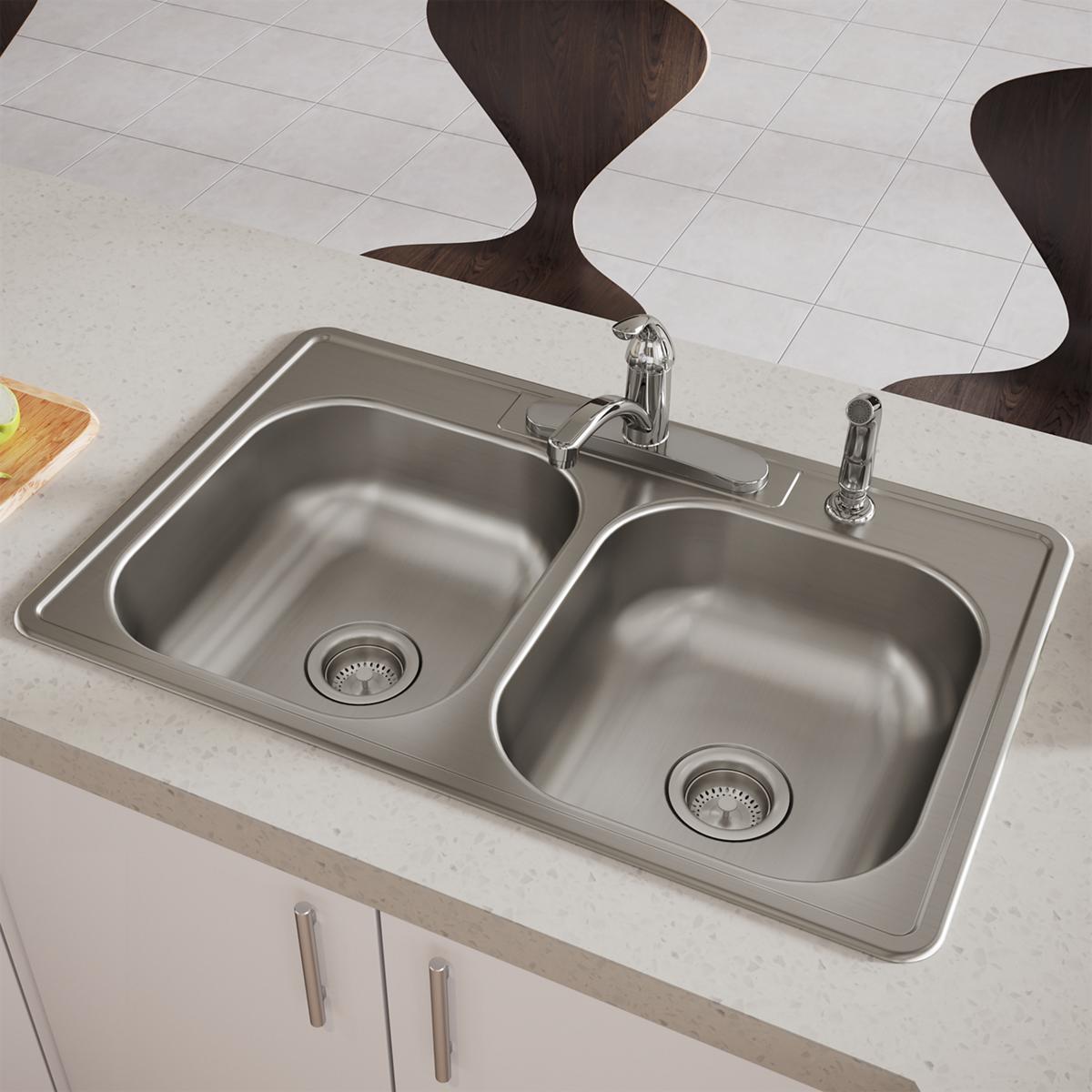 Elkay Dayton Stainless Steel 33" x 21-1/4" x 6-9/16", 4-Hole Equal Double Bowl Drop-in Sink D233214