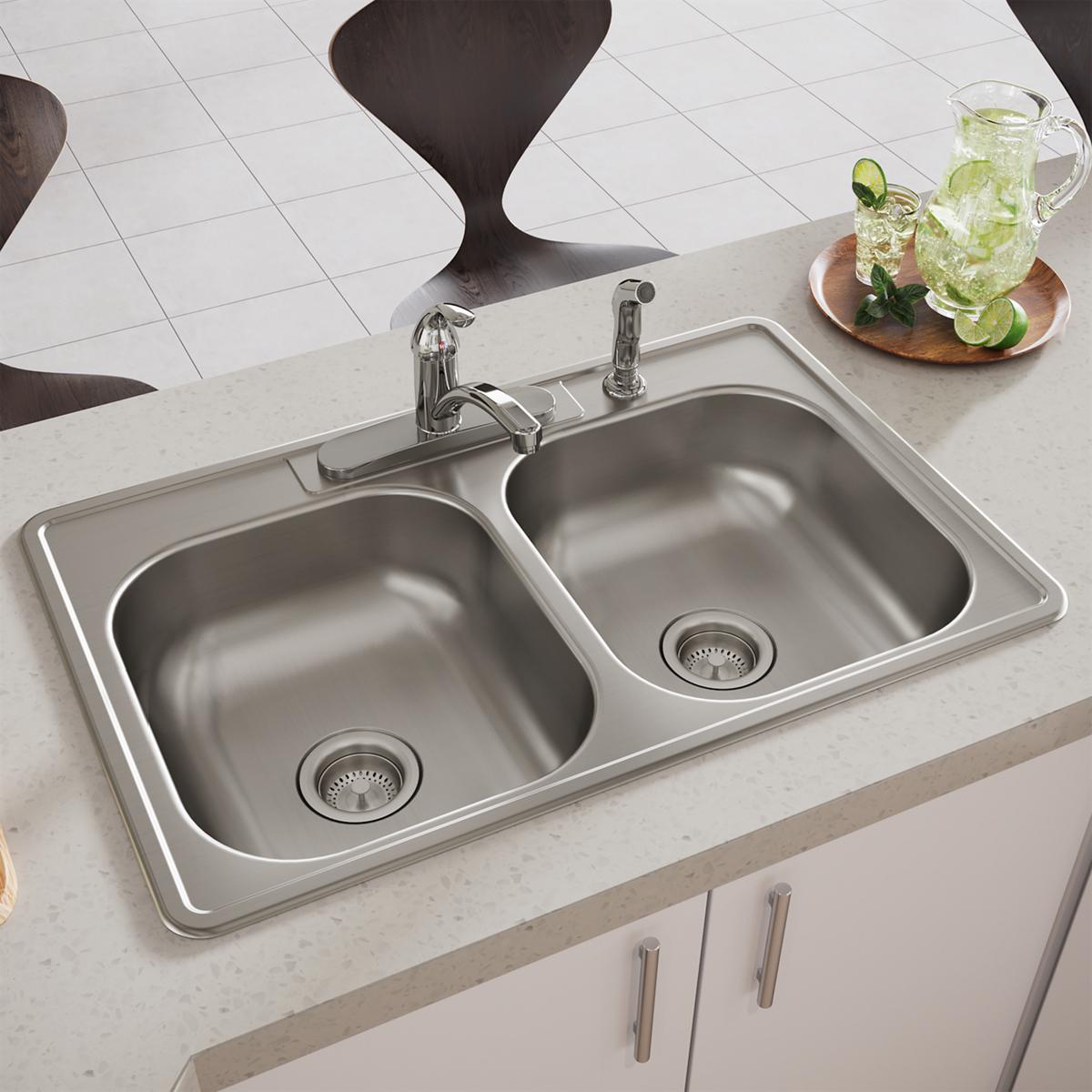 Elkay Dayton Stainless Steel 33" x 21-1/4" x 6-9/16", 4-Hole Equal Double Bowl Drop-in Sink D233214