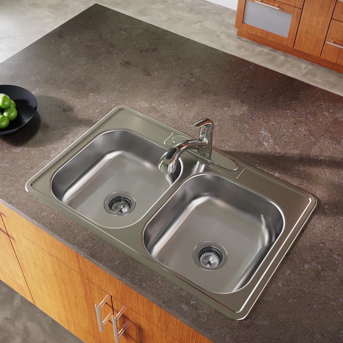 Elkay Dayton Stainless Steel 33" x 21-1/4" x 6-9/16", 4-Hole Equal Double Bowl Drop-in Sink D233214