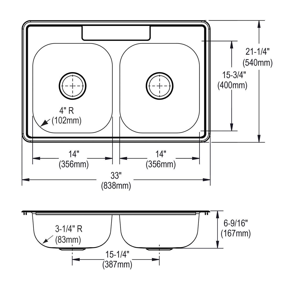 Elkay Dayton Stainless Steel 33" x 21-1/4" x 6-9/16", 3-Hole Equal Double Bowl Drop-in Sink D233213