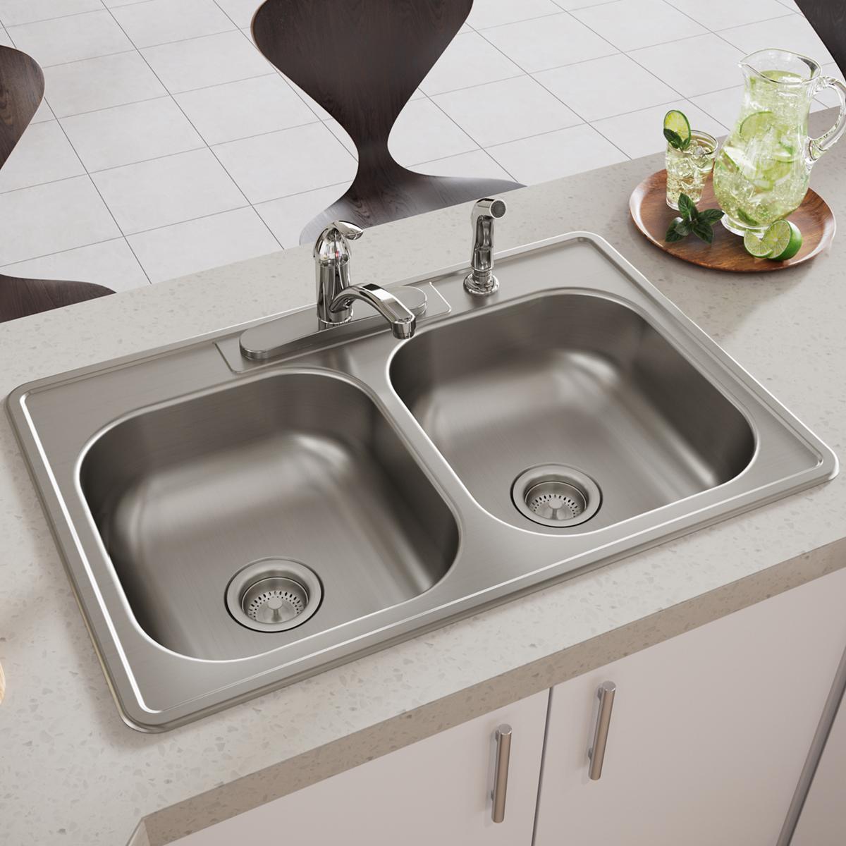 Elkay Dayton Stainless Steel 33" x 22" x 6-9/16", 4-Hole Equal Double Bowl Drop-in Sink D233224