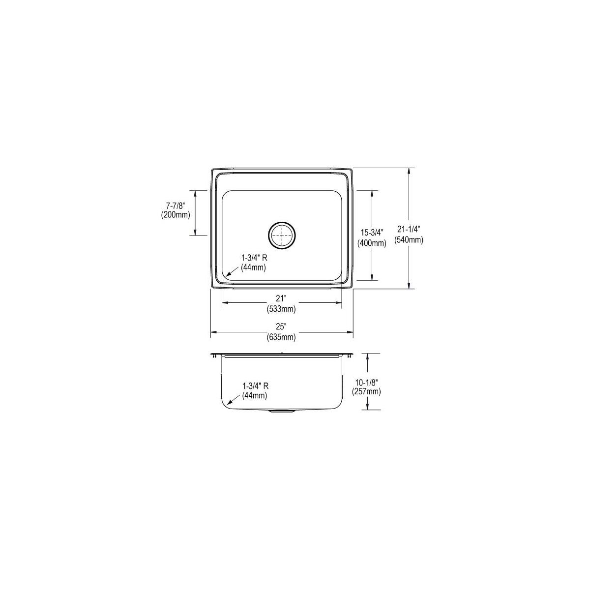 Elkay Lustertone Classic Stainless Steel 25" x 21-1/4" x 10-1/8", 2-Hole Single Bowl Drop-in Sink DLR2521102