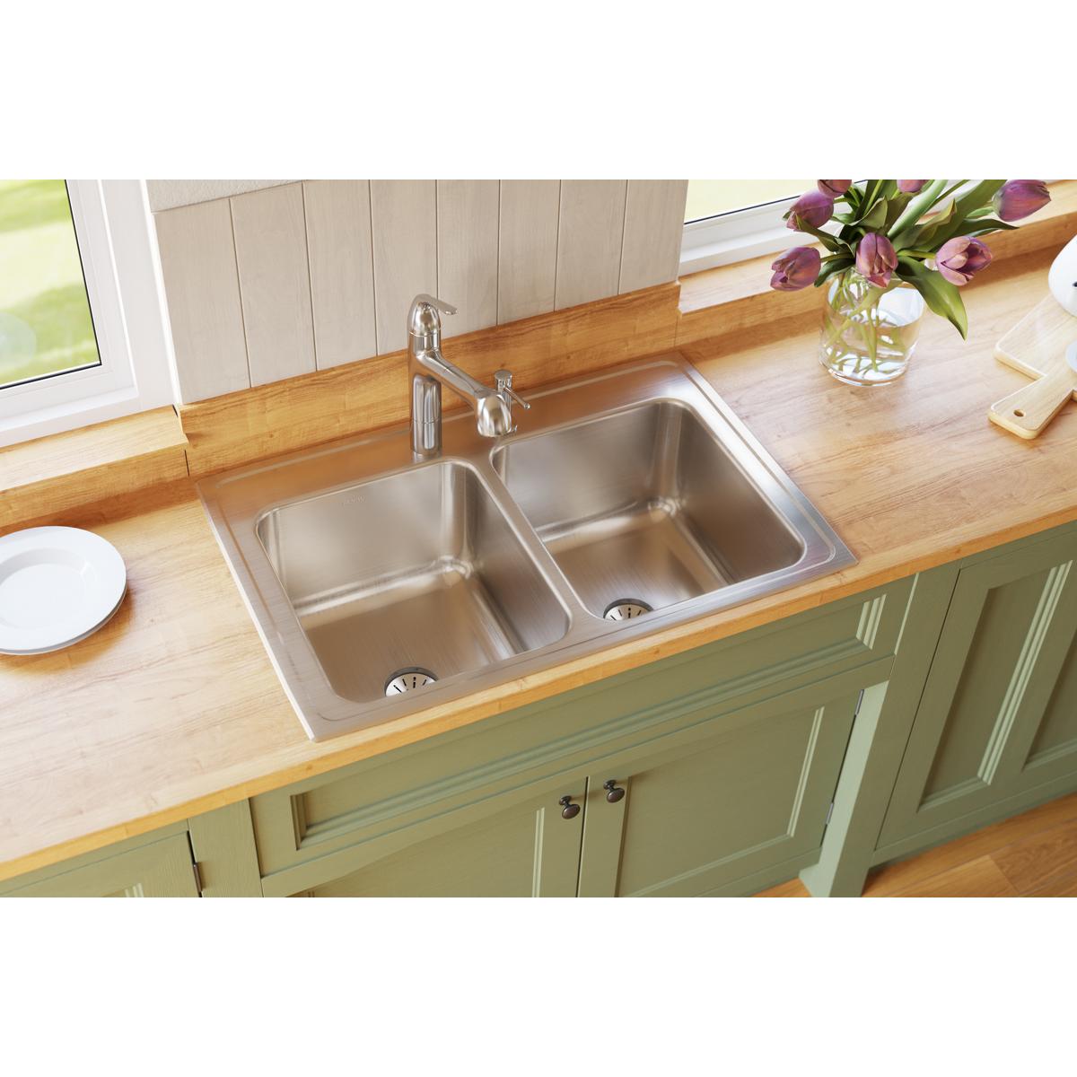 Elkay Lustertone Classic Stainless Steel 33" x 22" x 10-1/8", Equal Double Bowl Drop-in Sink with Perfect Drain DLR332210PD1