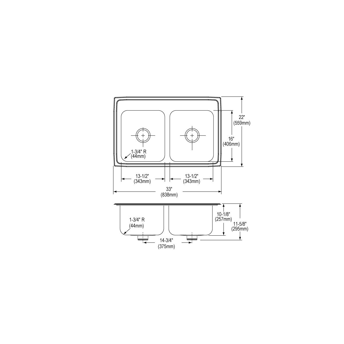 Elkay Lustertone Classic Stainless Steel 33" x 22" x 10-1/8", Equal Double Bowl Drop-in Sink with Perfect Drain DLR332210PD1