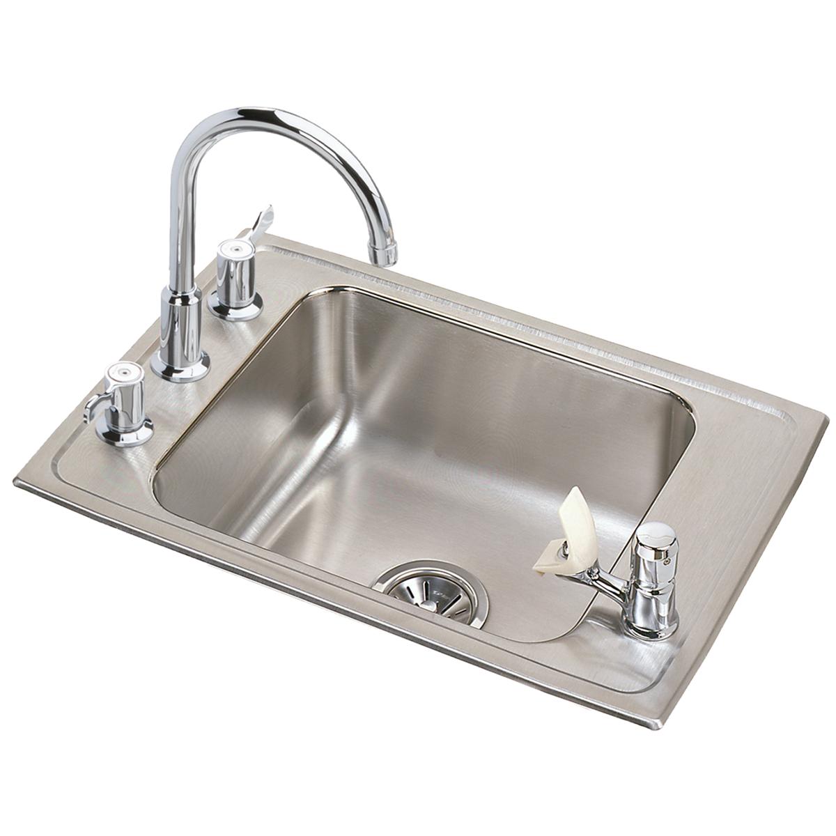 Elkay Lustertone Classic Stainless Steel 31" x 19-1/2" x 5-1/2", 4-Hole Single Classroom ADA Sink+Faucet/Bubbler Kit DRKAD311955C