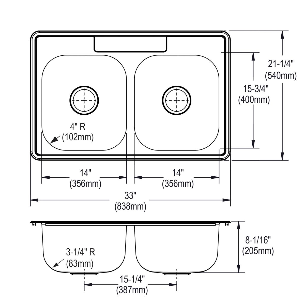 Elkay Dayton Stainless Steel 33" x 21-1/4" x 8-1/16", 3-Hole Equal Double Bowl Drop-in Sink DSE233213