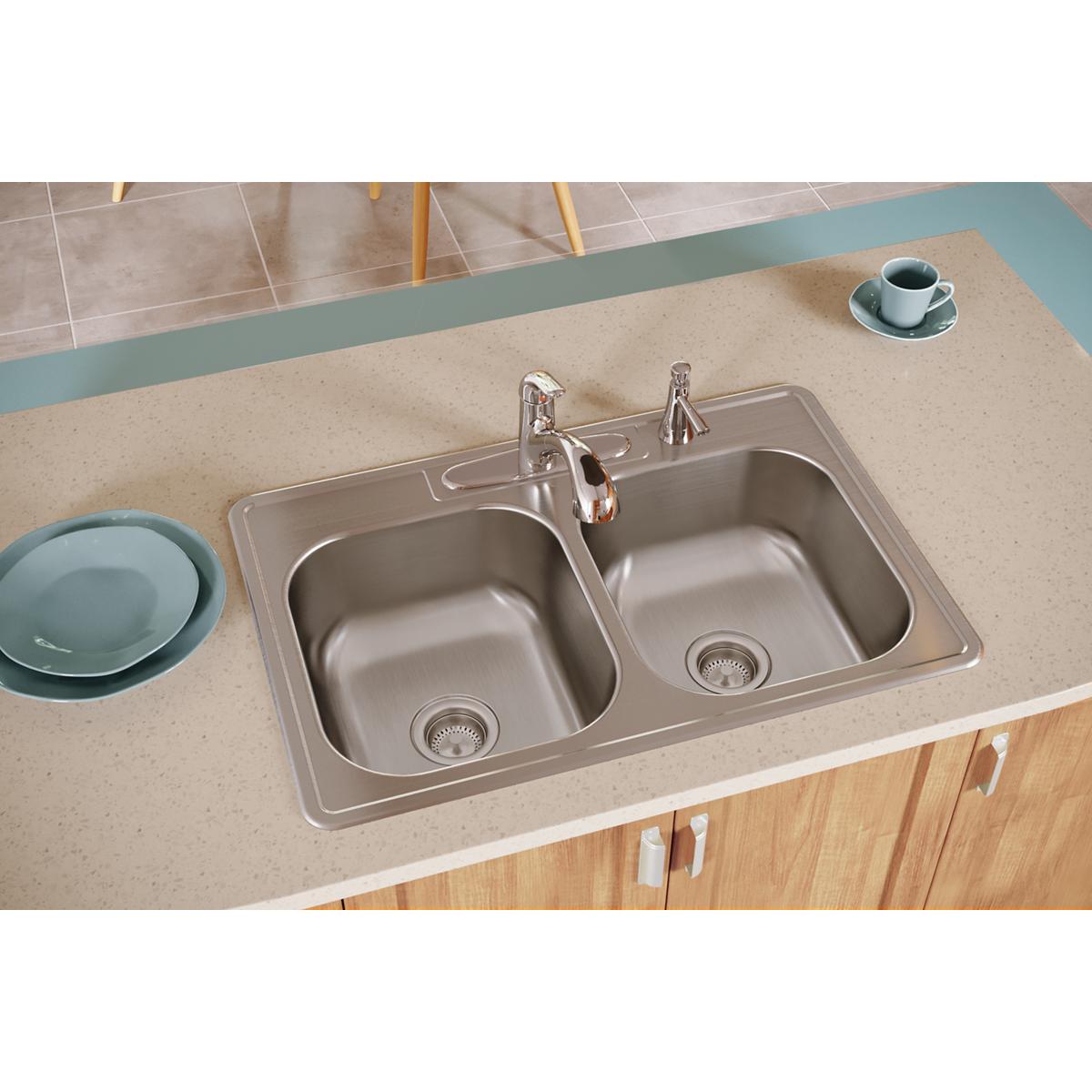 Elkay Dayton Stainless Steel 33" x 22" x 8-1/16", 1-Hole Equal Double Bowl Drop-in Sink DSE233221