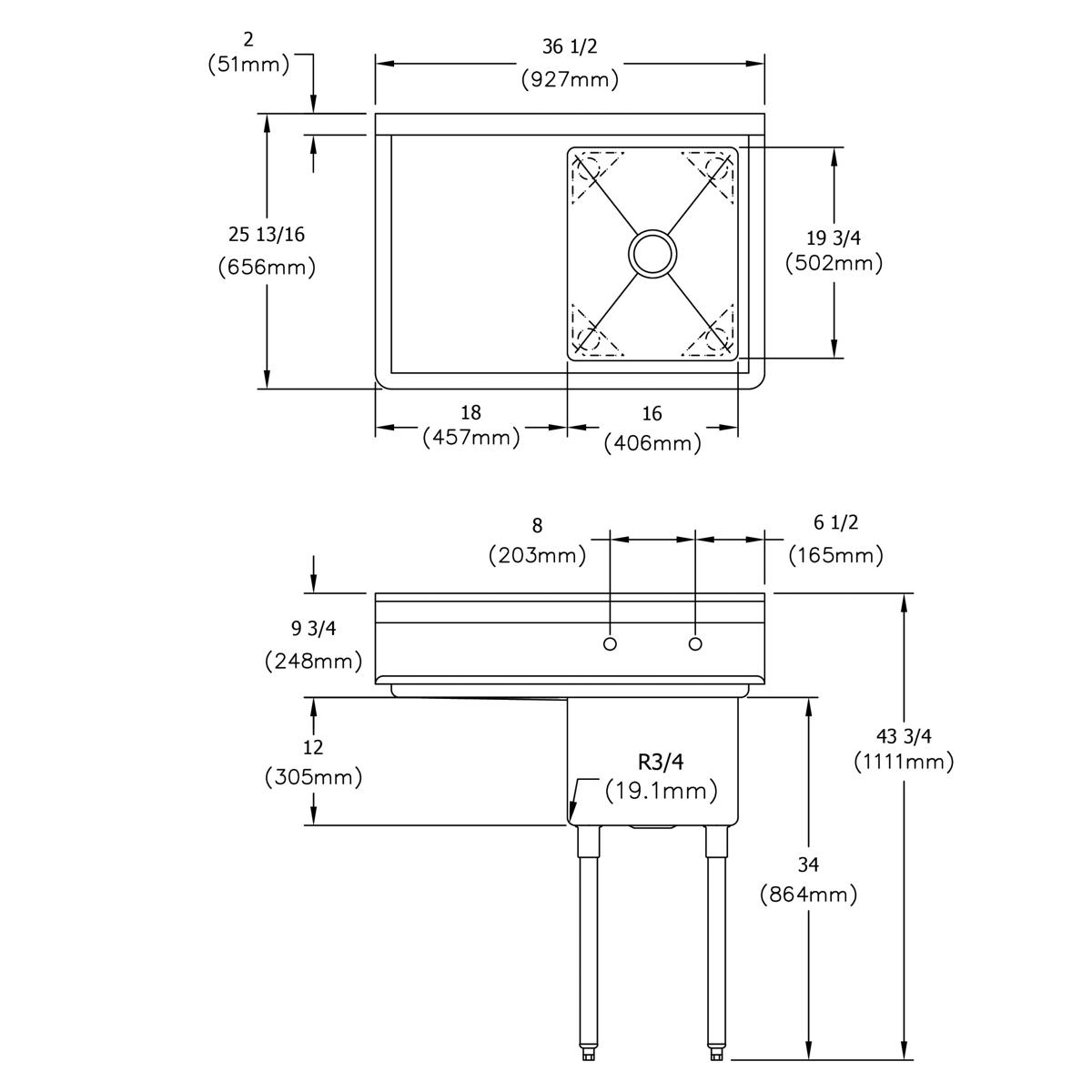 Elkay Dependabilt Stainless Steel 36-1/2" x 25-13/16" x 43-3/4" 18 Gauge One Compartment Sink w/ 18" Left Drainboard and Stainless Steel Legs E1C16X20-L-18X