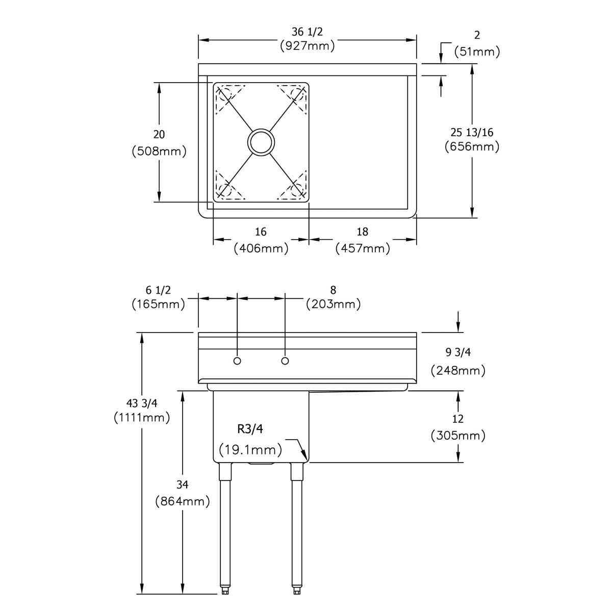 Elkay Dependabilt Stainless Steel 36-1/2" x 25-13/16" x 43-3/4" 18 Gauge One Compartment Sink w/ 18" Right Drainboard and Stainless Steel Legs E1C16X20-R-18X