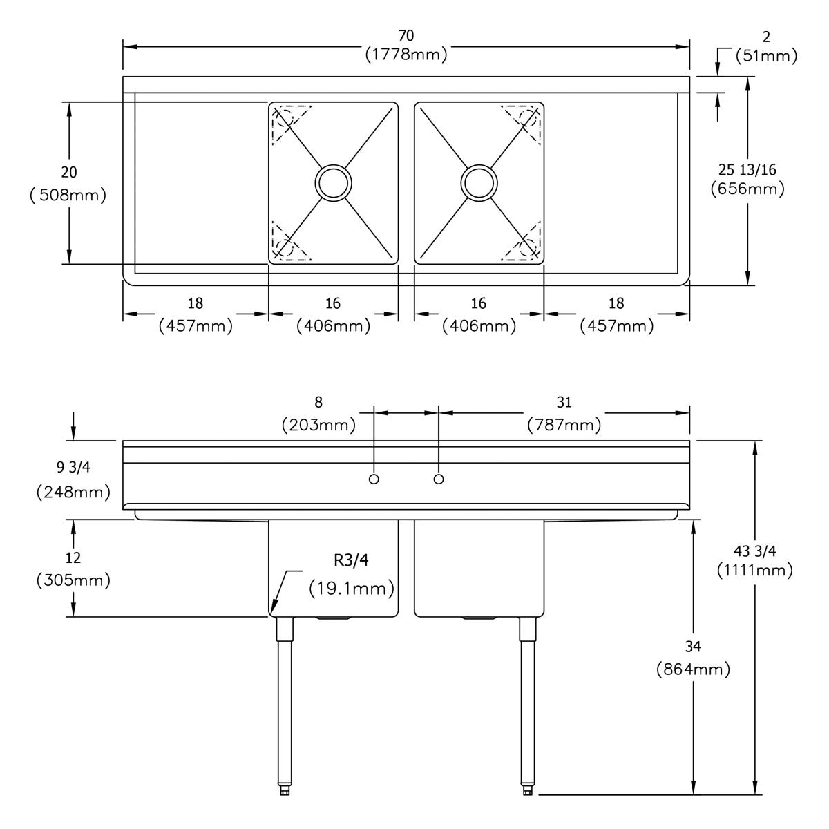 Elkay Dependabilt Stainless Steel 70" x 25-13/16" x 43-3/4" 18 Gauge Two Compartment Sink w/ 18" Left and Right Drainboards and Stainless Steel Legs E2C16X20-2-18X