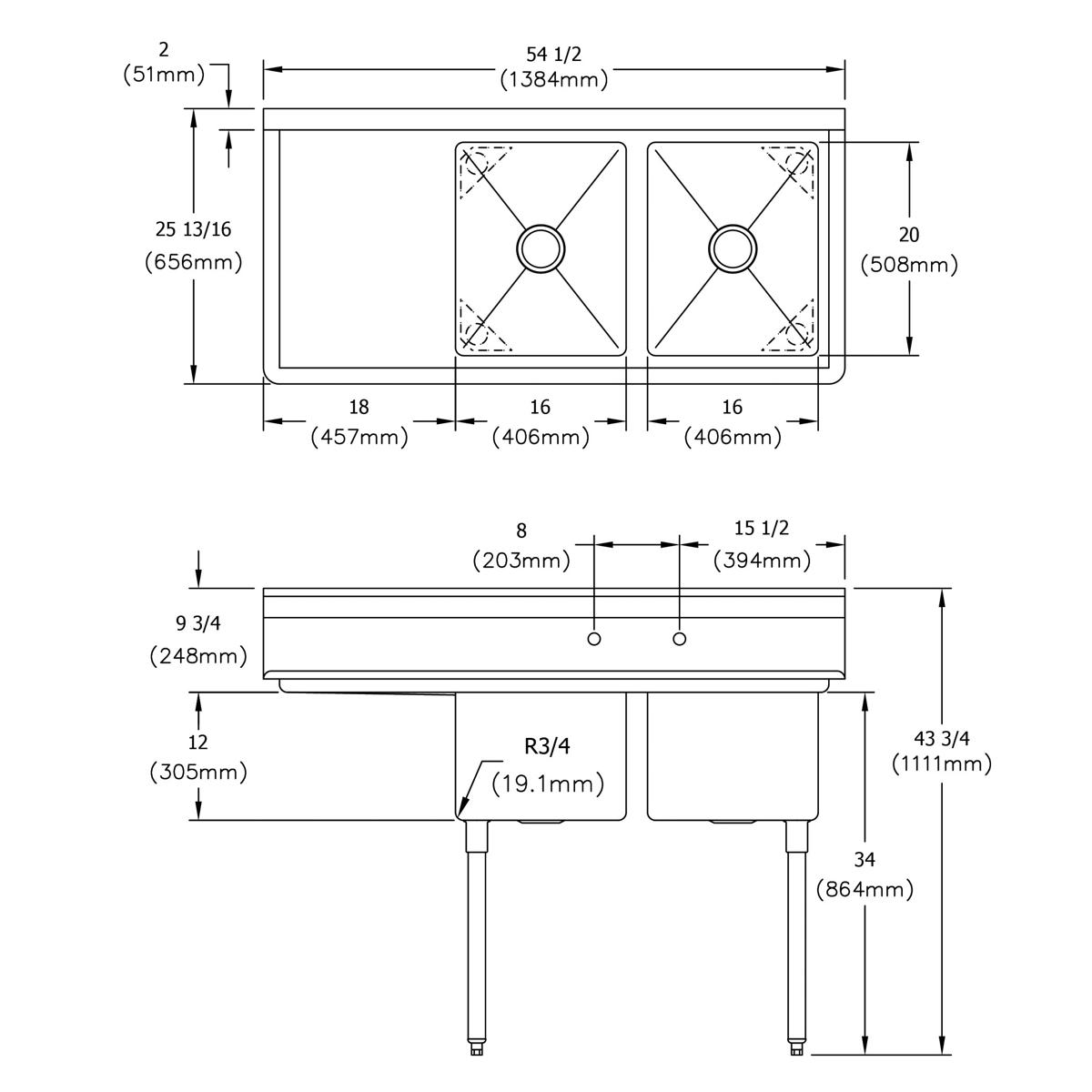 Elkay Dependabilt Stainless Steel 54-1/2" x 25-13/16" x 43-3/4" 18 Gauge Two Compartment Sink w/ 18" Left Drainboard and Stainless Steel Legs E2C16X20-L-18X