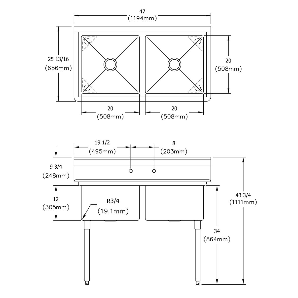 Elkay Dependabilt Stainless Steel 47" x 25-13/16" x 43-3/4" 18 Gauge Two Compartment Sink with Stainless Steel Legs E2C20X20-0X