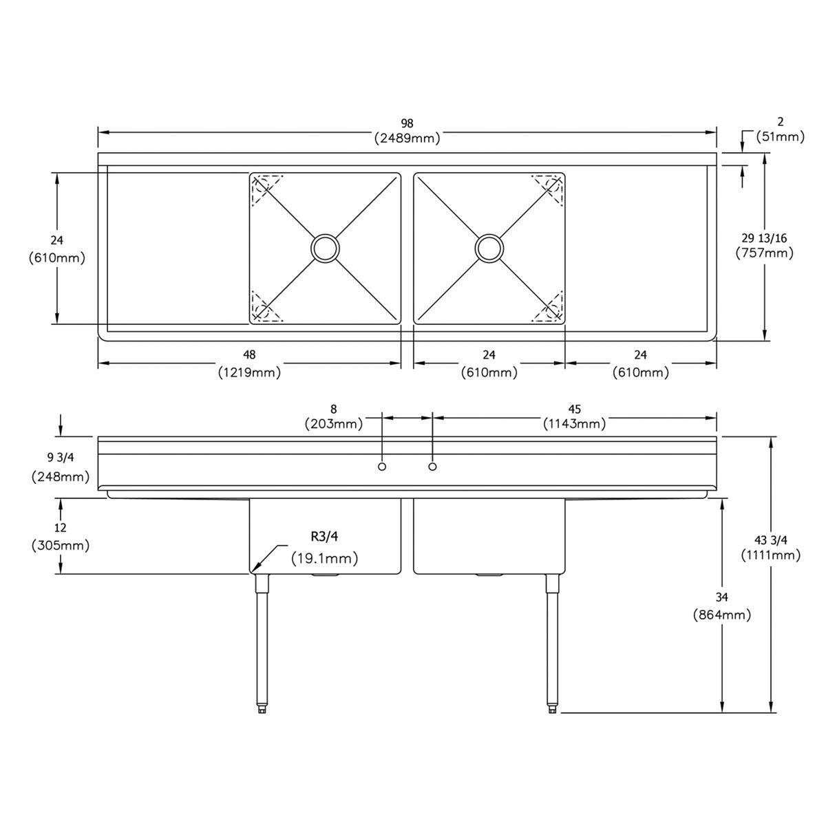 Elkay Dependabilt Stainless Steel 98" x 29-13/16" x 43-3/4" 18 Gauge Two Compartment Sink w/ 24" Left and Right Drainboards and Stainless Steel Legs E2C24X24-2-24X