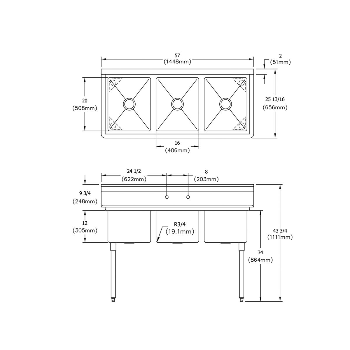 Elkay Dependabilt Stainless Steel 57" x 25-13/16" x 43-3/4" 18 Gauge Three Compartment Sink with Stainless Steel Legs E3C16X20-0X