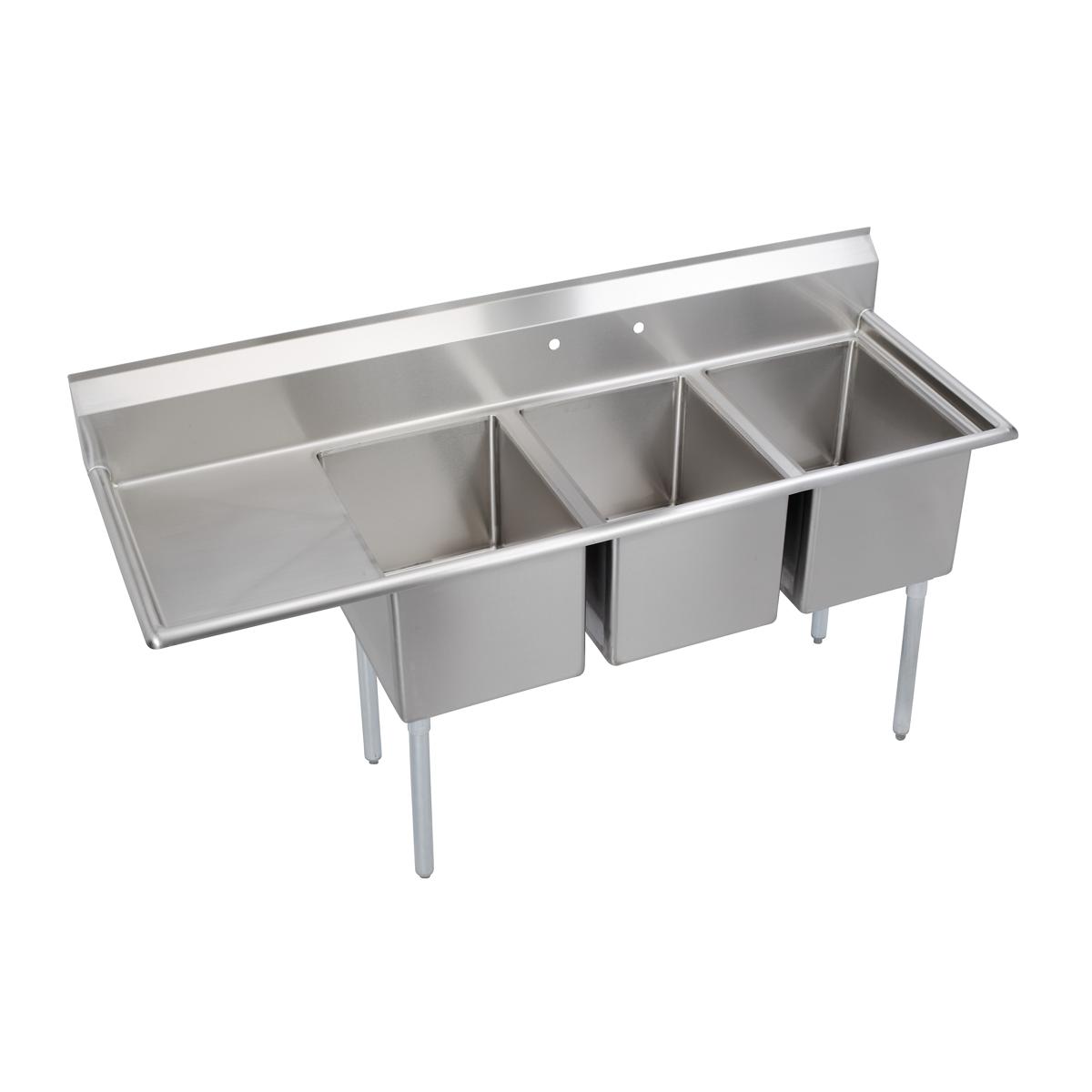 Elkay Dependabilt Stainless Steel 72-1/2" x 25-13/16" x 43-3/4" 18 Gauge Three Compartment Sink w/ 18" Left Drainboard and Stainless Steel Legs E3C16X20-L-18X