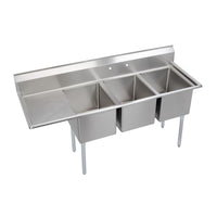 Elkay Dependabilt Stainless Steel 72-1/2" x 25-13/16" x 43-3/4" 18 Gauge Three Compartment Sink w/ 18" Left Drainboard and Stainless Steel Legs E3C16X20-L-18X