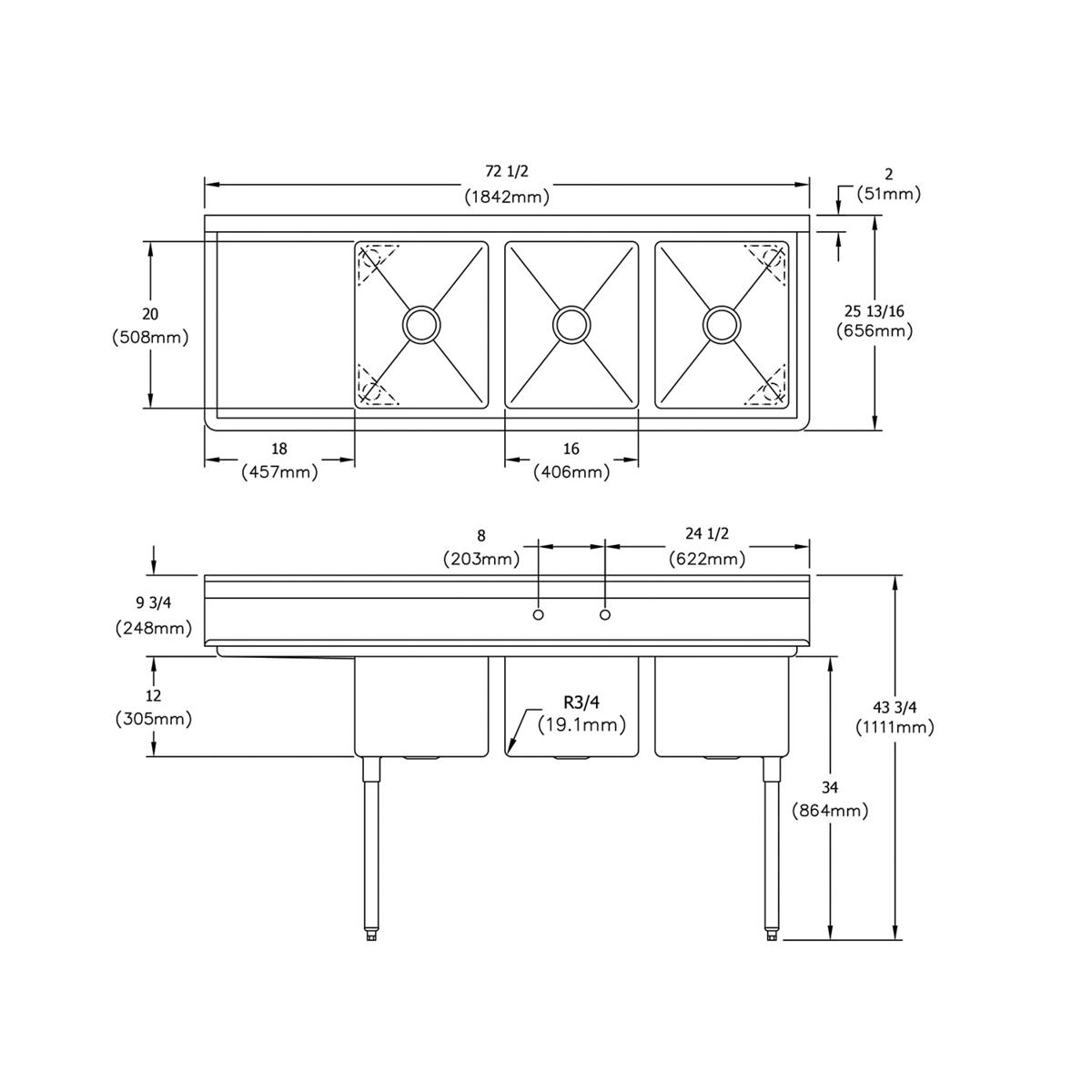 Elkay Dependabilt Stainless Steel 72-1/2" x 25-13/16" x 43-3/4" 18 Gauge Three Compartment Sink w/ 18" Left Drainboard and Stainless Steel Legs E3C16X20-L-18X