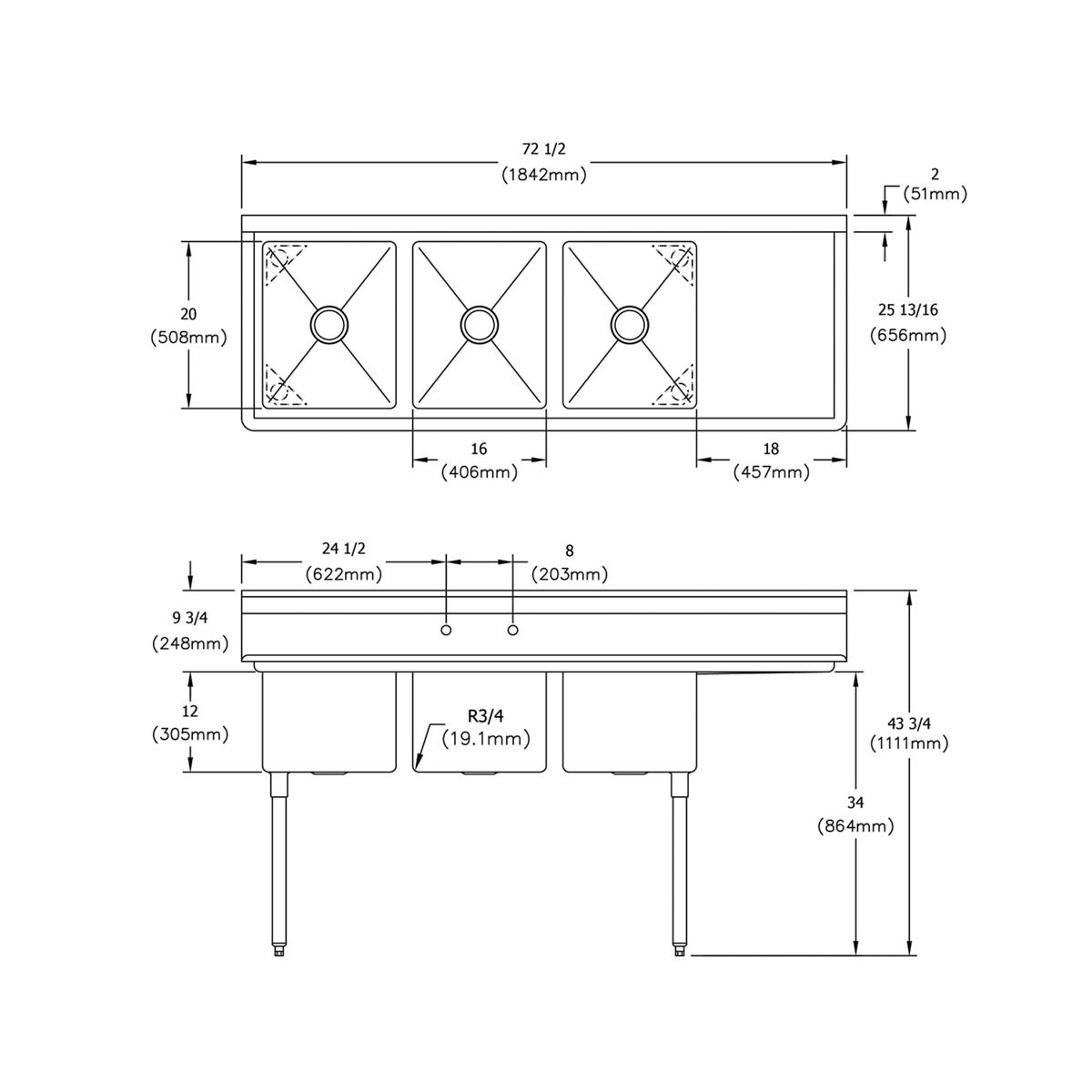 Elkay Dependabilt Stainless Steel 72-1/2" x 25-13/16" x 43-3/4" 18 Gauge Three Compartment Sink w/ 18" Right Drainboard and Stainless Steel Legs E3C16X20-R-18X