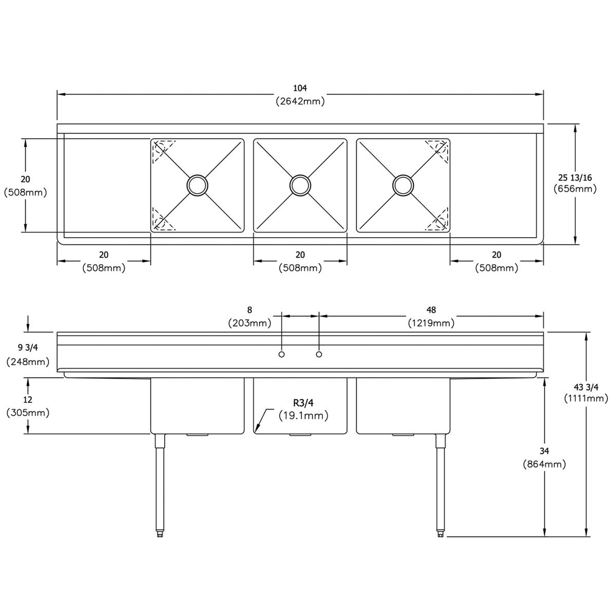 Elkay Dependabilt Stainless Steel 104" x 25-13/16" x 43-3/4" 18 Gauge Three Compartment Sink w/ 20" Left and Right Drainboards & Stainless Steel Legs E3C20X20-2-20X