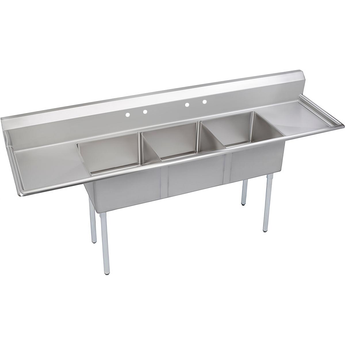 Elkay Dependabilt Stainless Steel 124" x 29-13/16" x 43-3/4" 18 Gauge Three Compartment Sink w/ 24" Left and Right Drainboards & Stainless Steel Legs E3C24X24-2-24X