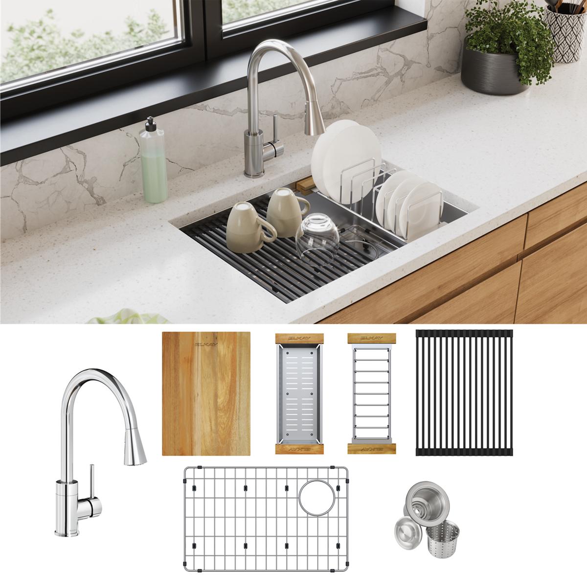 Elkay Crosstown 18 Gauge Workstation Stainless Steel 25-1/2" x 18-1/2" x 9" Single Bowl Undermount Sink & Faucet Kit ECTRU24169RTFCW