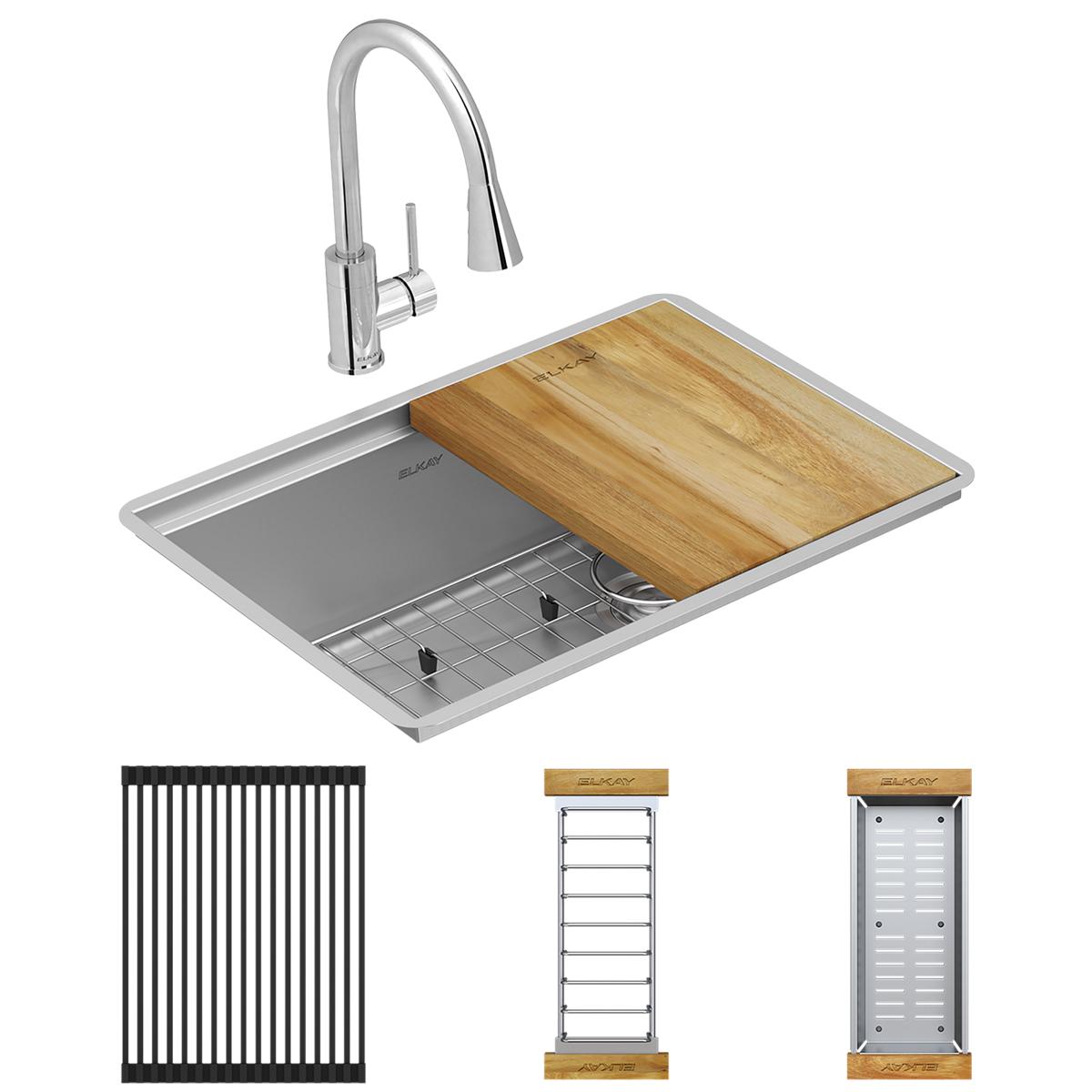 Elkay Crosstown 18 Gauge Workstation Stainless Steel 25-1/2" x 18-1/2" x 9" Single Bowl Undermount Sink & Faucet Kit ECTRU24169RTFCW