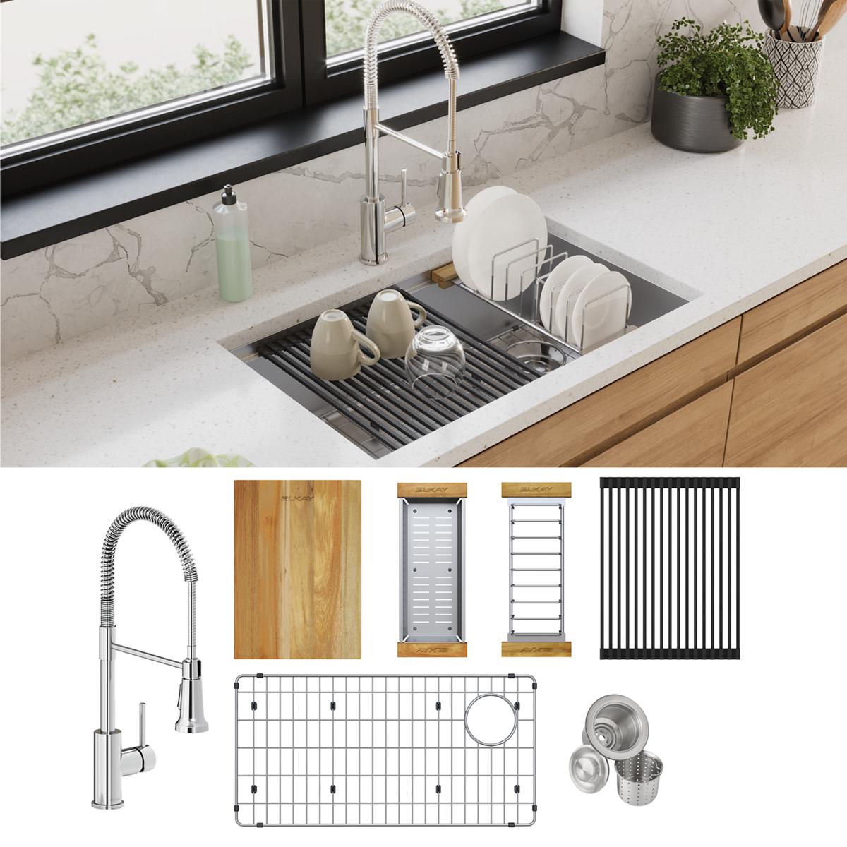 Elkay Crosstown 18 Gauge Workstation Stainless Steel 31-1/2" x 18-1/2" x 9" Single Bowl Undermount Sink & Faucet Kit ECTRU30169RTFCW