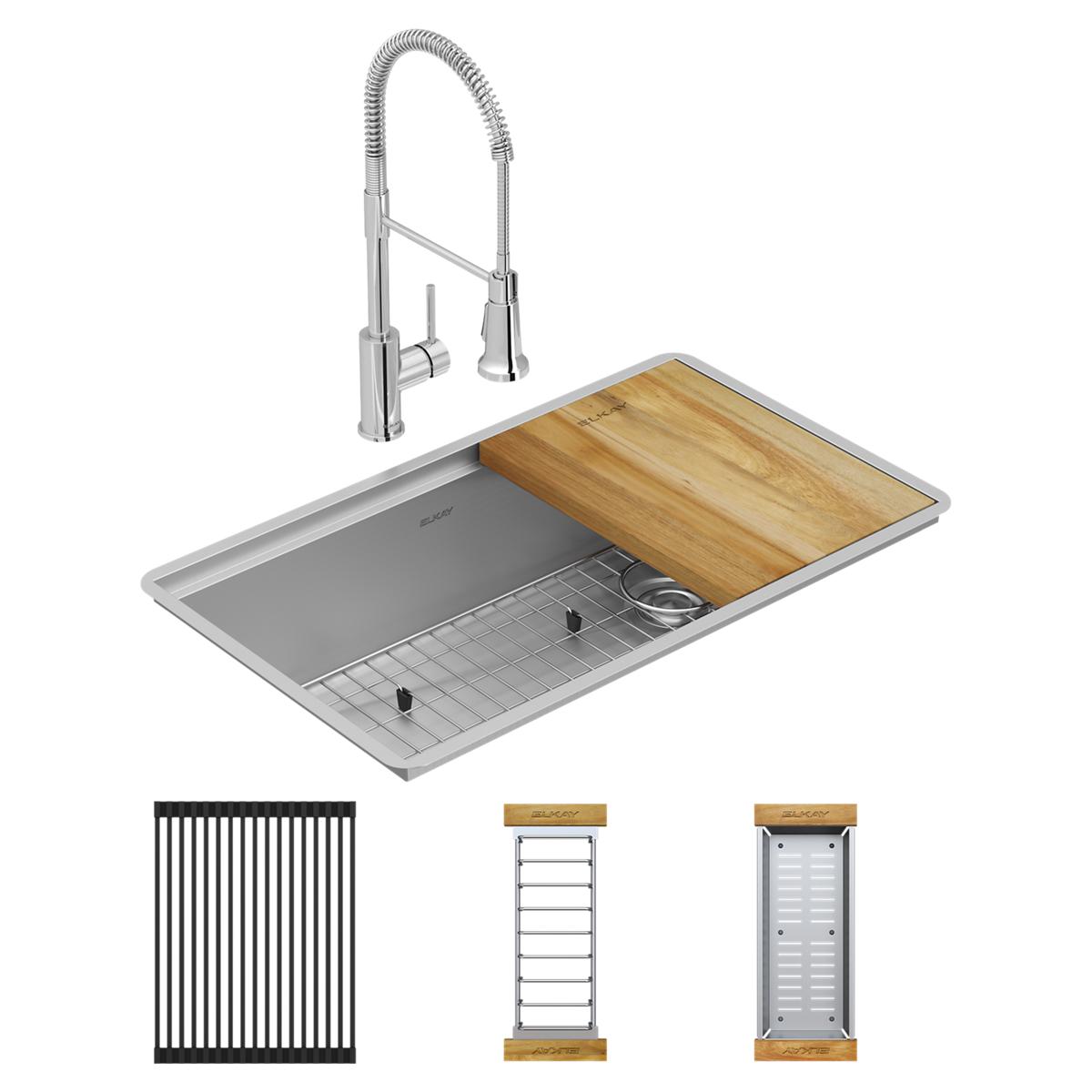 Elkay Crosstown 18 Gauge Workstation Stainless Steel 31-1/2" x 18-1/2" x 9" Single Bowl Undermount Sink & Faucet Kit ECTRU30169RTFCW