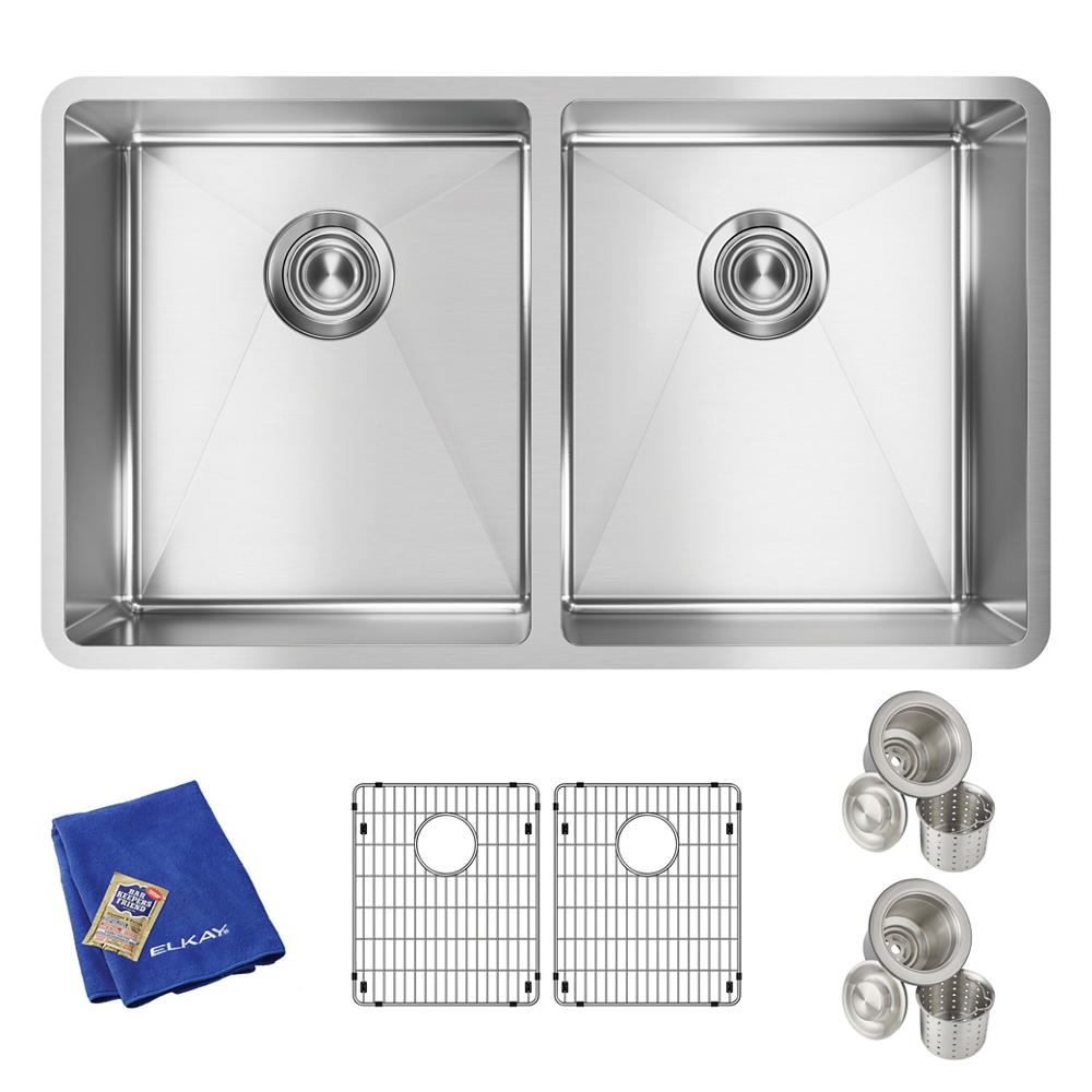 Elkay Crosstown 18 Gauge Stainless Steel 31-1/2" x 18-1/2" x 9" Equal Double Bowl Undermount Sink Kit ECTRU31179TC