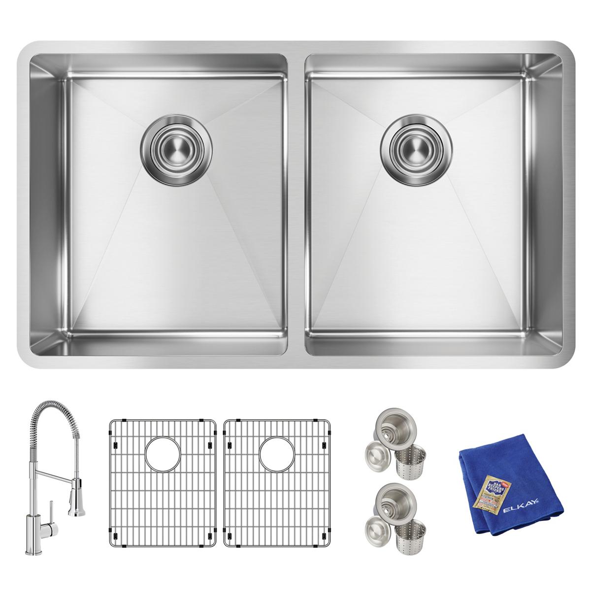 Elkay Crosstown 18 Gauge Stainless Steel 31-1/2" x 18-1/2" x 9" Equal Double Bowl Undermount Sink Kit with Faucet ECTRU31179TFC