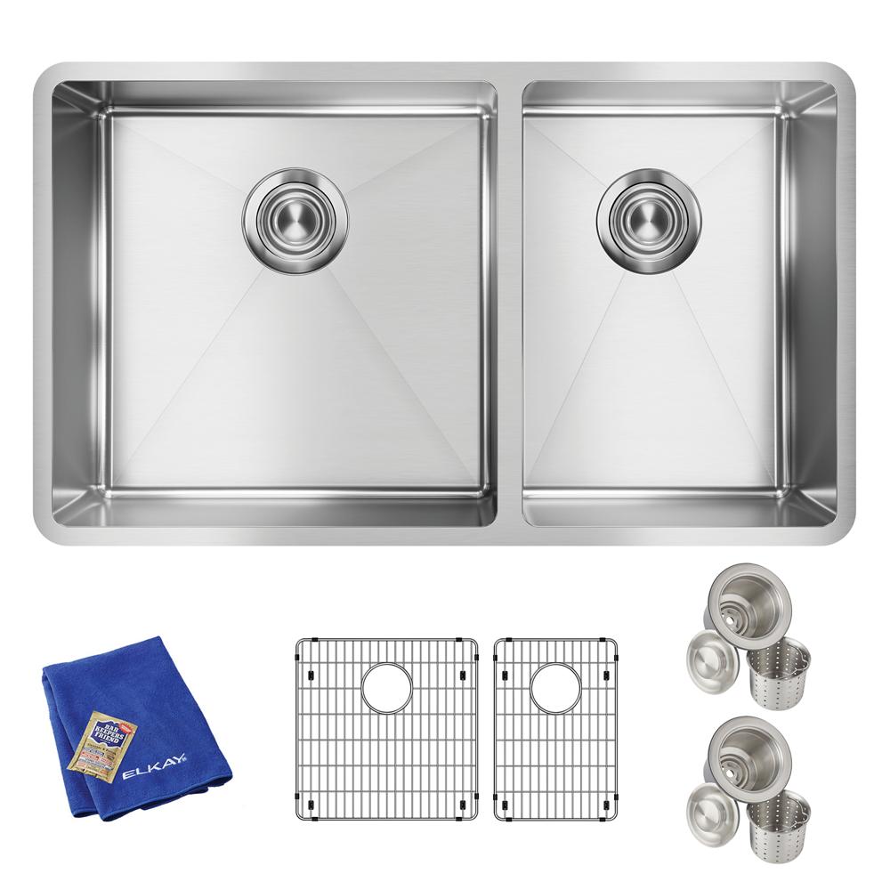 Elkay Crosstown 18 Gauge Stainless Steel 31-1/2" x 18-1/2" x 9" 60/40 Double Bowl Undermount Sink Kit ECTRU32179RTC